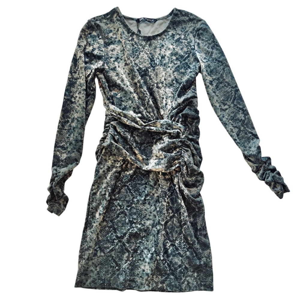 Zara‎ Blue Gray Velvet Snake Print Gothic Ruched Mini Dress NWT Med Bodycon Long